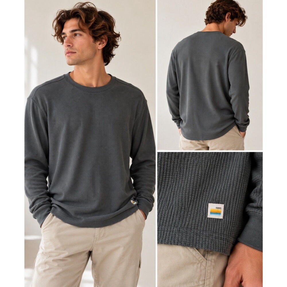 Vuori Mens XL Waffle Crew Thermal Long Sleeve Shirt Gray Sage Green V176